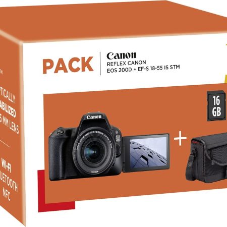 Appareil photo Reflex CANON PACK EOS 200D NOIR + EF-S 18-55 MM F/4-5,6 IS STM + HOUSSE + CARTE SD 16 GO