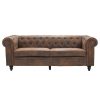 Canapé Chesterfield droit fixe 3 places – Tissu microfibre marron clair – Vintage – L 202 x P 82 cm