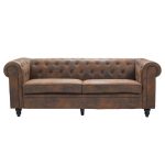 Canapé Chesterfield droit fixe 3 places – Tissu microfibre marron clair – Vintage – L 202 x P 82 cm