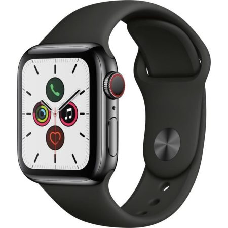 Apple Watch Series 5 Cellular 40 mm Boîtier en Acier Inoxydable Noir Sidéral avec Bracelet Sport Noir – S/M
