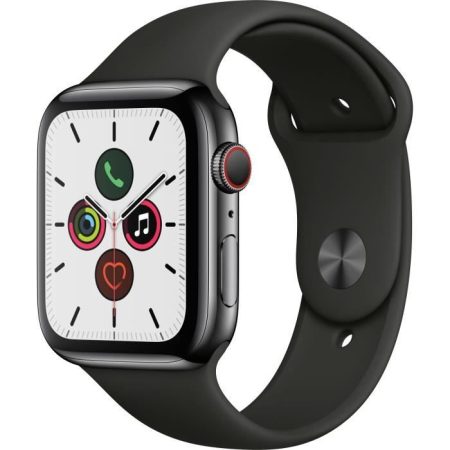 Apple Watch Series 5 Cellular 44 mm Boîtier en Acier Inoxydable Gris Sidéral avec Bracelet Sport Noir – M/L