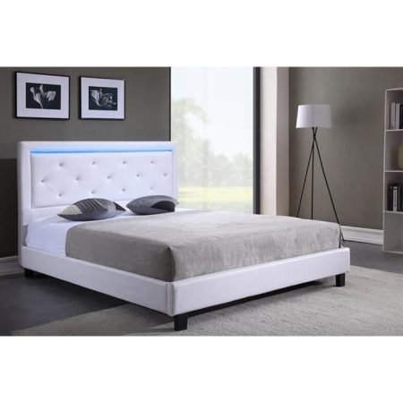 Lit adulte contemporain simili blanc – Sommier et tête de lit avec LED inclus – l 140 x L 190 cm