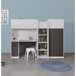 Lit combiné mezzanine enfant – Blanc/Gris – Sommier inlcus – 90 x 200 cm