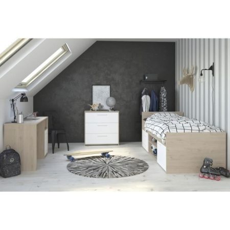 Lit + commode + bureau – Style contemporain – Décor chêne jackson et blanc