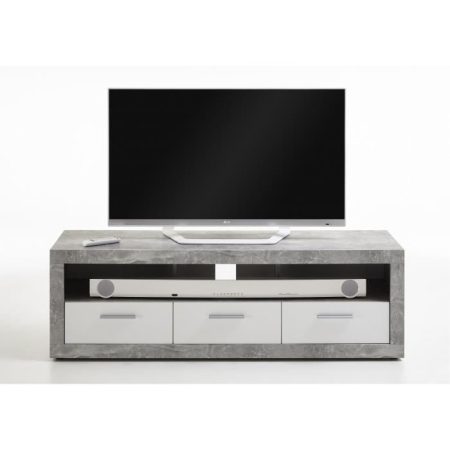 Meuble TV Gris béton et blanc brillant – L 152 x P 45.3 x H 49 cm