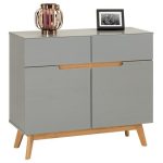 Buffet TIBOR style scandinave design vintage nordique commode bahut vaisselier avec 2 tiroirs et 2 portes, en pin massif lasuré gris