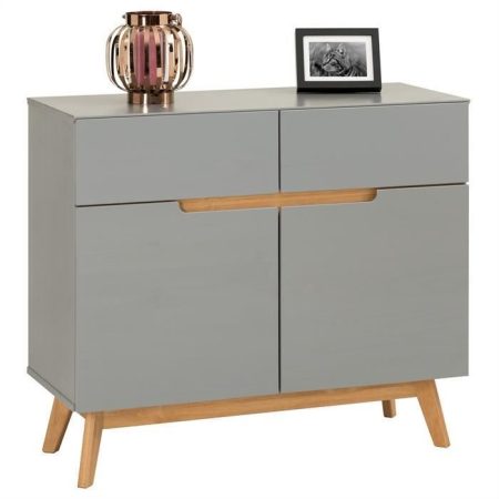 Buffet TIBOR style scandinave design vintage nordique commode bahut vaisselier avec 2 tiroirs et 2 portes, en pin massif lasuré gris