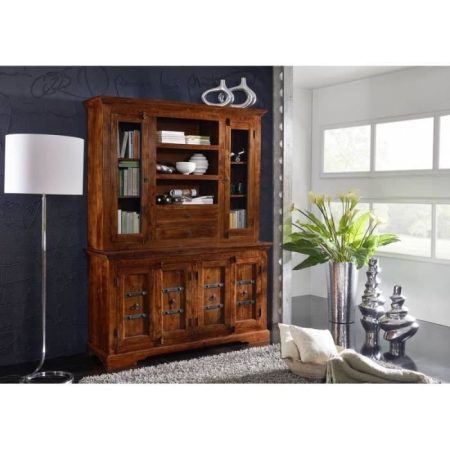 Buffet-Vitrine-Vaisselier, Bois Massif D&rsquo;Acacia, Style Colonial, Couleur Nougat, OXFORD #530