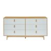 Commode 6 tiroirs avec poignées en cuir blanc et bois – L 158,5 x P 40 x H 80 cm