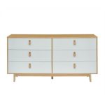 Commode 6 tiroirs avec poignées en cuir blanc et bois – L 158,5 x P 40 x H 80 cm