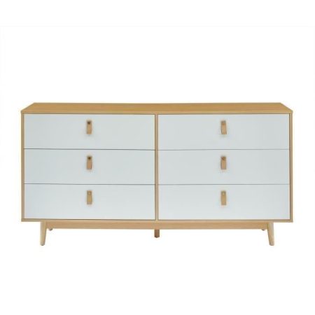 Commode 6 tiroirs avec poignées en cuir blanc et bois – L 158,5 x P 40 x H 80 cm