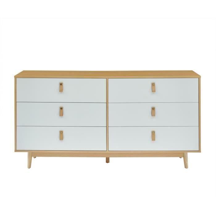 Commode 6 tiroirs avec poignées en cuir blanc et bois – L 158,5 x P 40 x H 80 cm 6 a 157