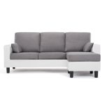 Canapé d&rsquo;angle réversible 3 places – Simili blanc et tissu gris clair – Contemporain – L 185 x P 128 cm