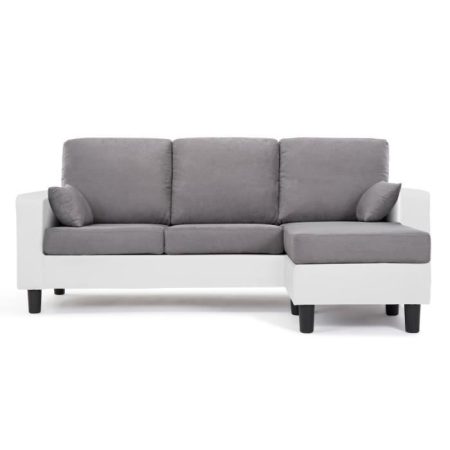 Canapé d&rsquo;angle réversible 3 places – Simili blanc et tissu gris clair – Contemporain – L 185 x P 128 cm
