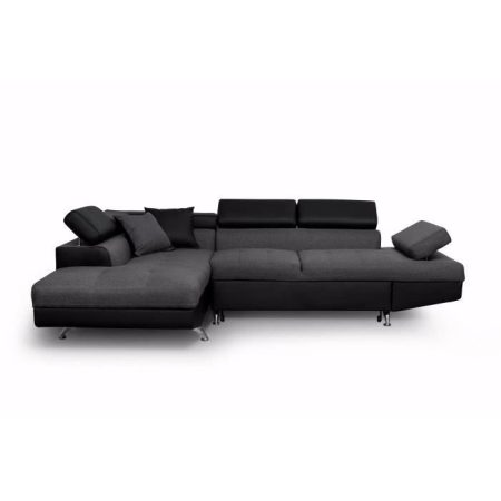 Canapé d&rsquo;angle gauche convertible 4 places + Coffre de rangement – Tissu gris foncé et simili noir – L 272 x P 192 cm
