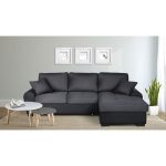 Canapé d&rsquo;angle droit convertible 3-4 places + Coffre de rangement – Tissu gris foncé et simili noir – L 248 x P 173 cm