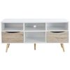 Meuble TV scandinave blanc et décor chêne mat + pieds en bois hévéa – L 116 cm