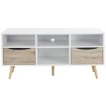 Meuble TV scandinave blanc et décor chêne mat + pieds en bois hévéa – L 116 cm