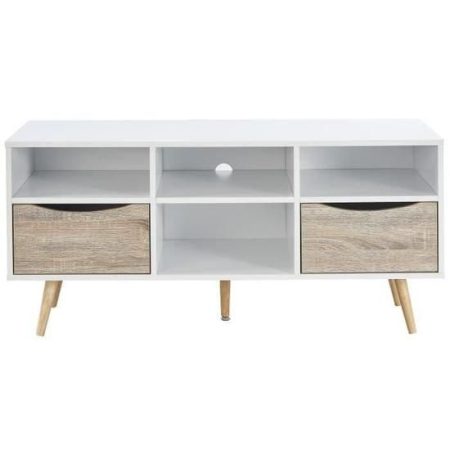 Meuble TV scandinave blanc et décor chêne mat + pieds en bois hévéa – L 116 cm