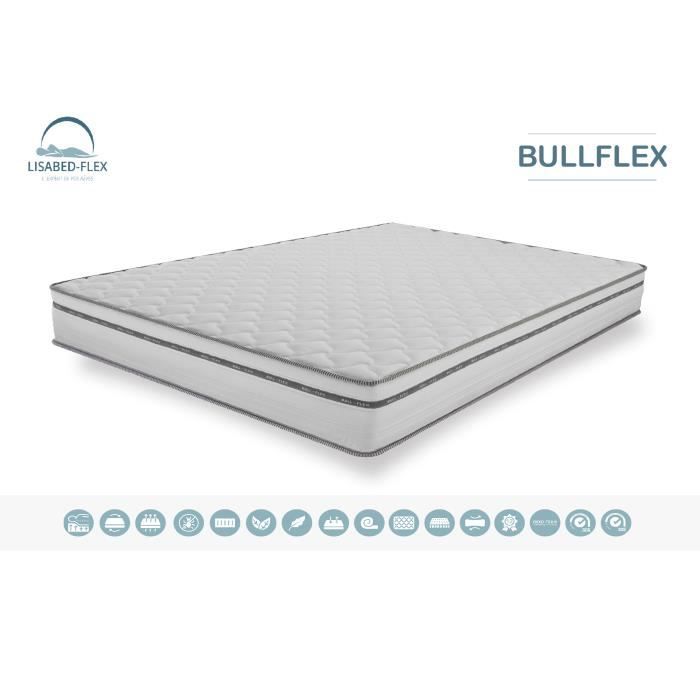 Matelas BULL-FLEX 140×190 cm, deux oreiller offert, mousse mémoire de forme, indépendance du couchage, ergonomique, reversible, 16cm
