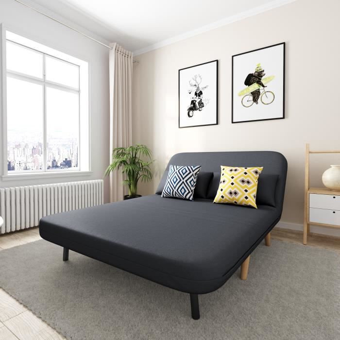 Banquette BZ 2 places – Tissu gris anthracite – Scandinave – L 132 x P 90 cm