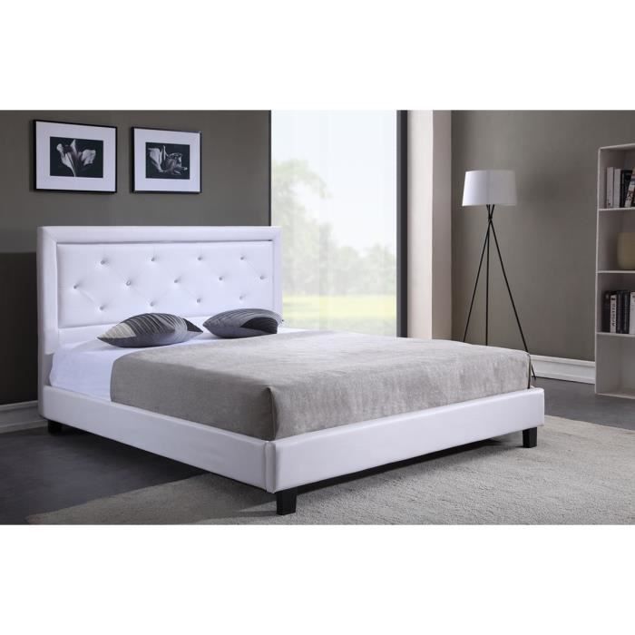 Lit adulte contemporain simili blanc – Sommier et tête de lit avec LED inclus – l 140 x L 190 cm