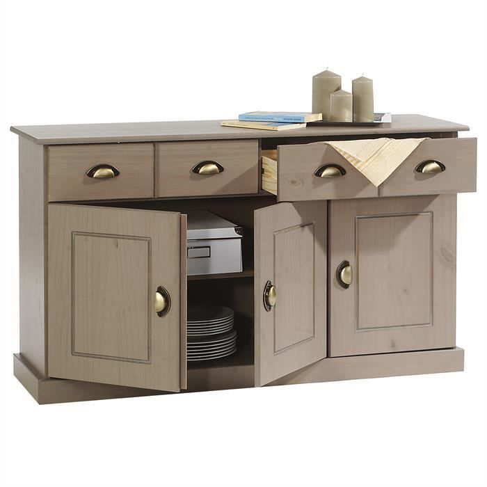 Buffet PARIS commode bahut vaisselier avec 3 portes battantes et 2 tiroirs pin massif lasuré taupe