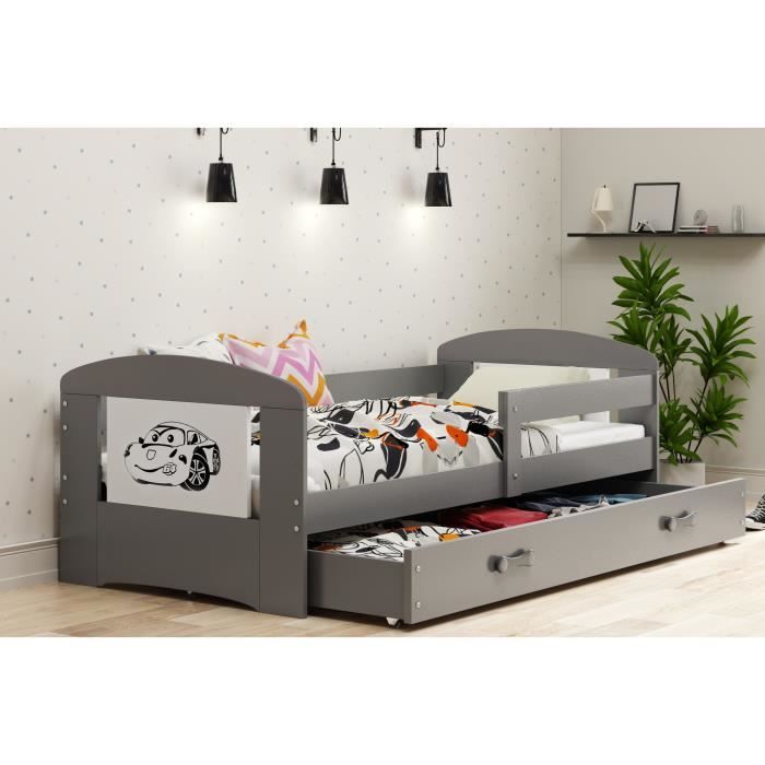Lit enfant Philip 160×80 GRIS+CARS avec sommier, matelas et tiroir-coffre, avec le Sticker 3 c 171