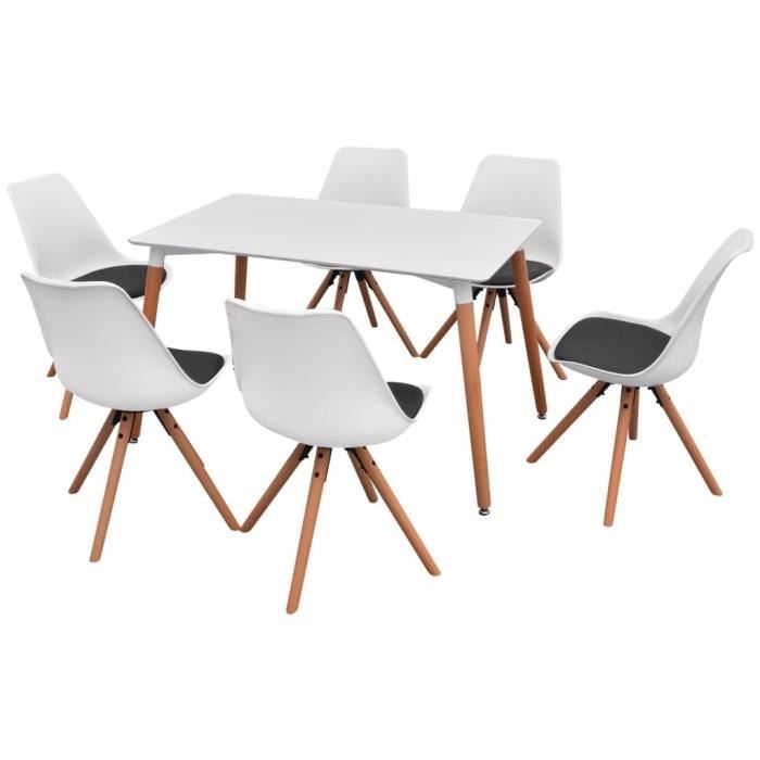 table à manger Avec chaises Blanche 7 Pieces en Bois de Hêtre et MDF Cuisine Salle à manger Salon Dîner Blanc et Noir table